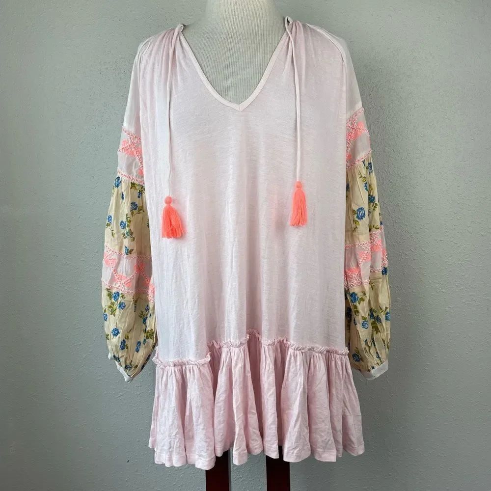 NWT Free People Pink Floral Beaded Tunic Top Size XS